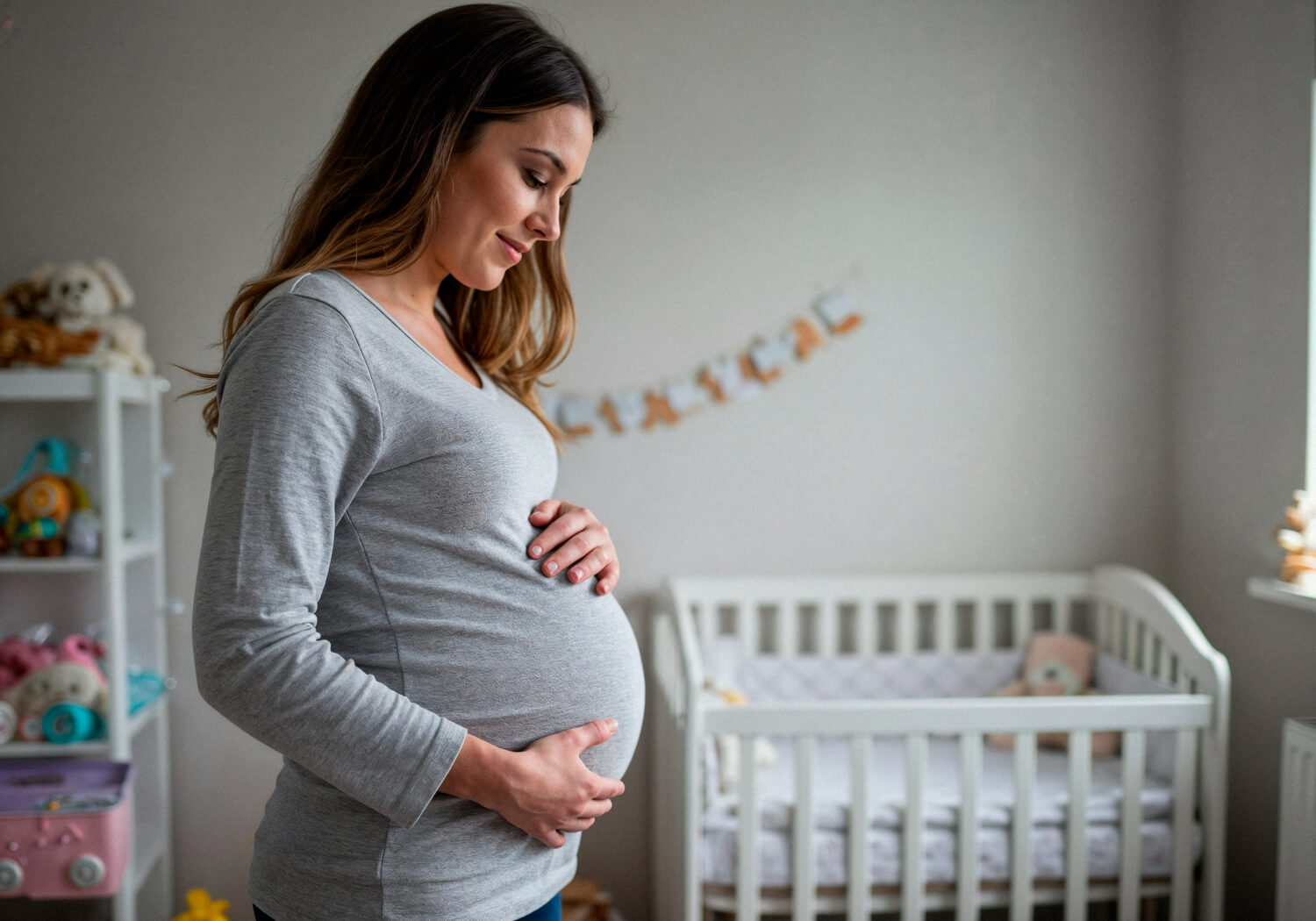 Gestante sorrindo e segurando a barriga em um quarto de bebê, representando o pré-natal odontológico em Brasília na Clínica Dra Viviane Amaral.