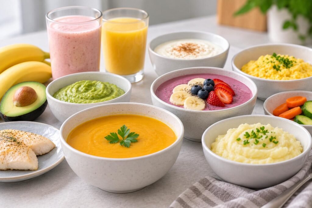 Mesa com alimentos pastosos e líquidos como sopas e purês. Opções seguras do que comer depois da cirurgia ortognática em Brasília DF.